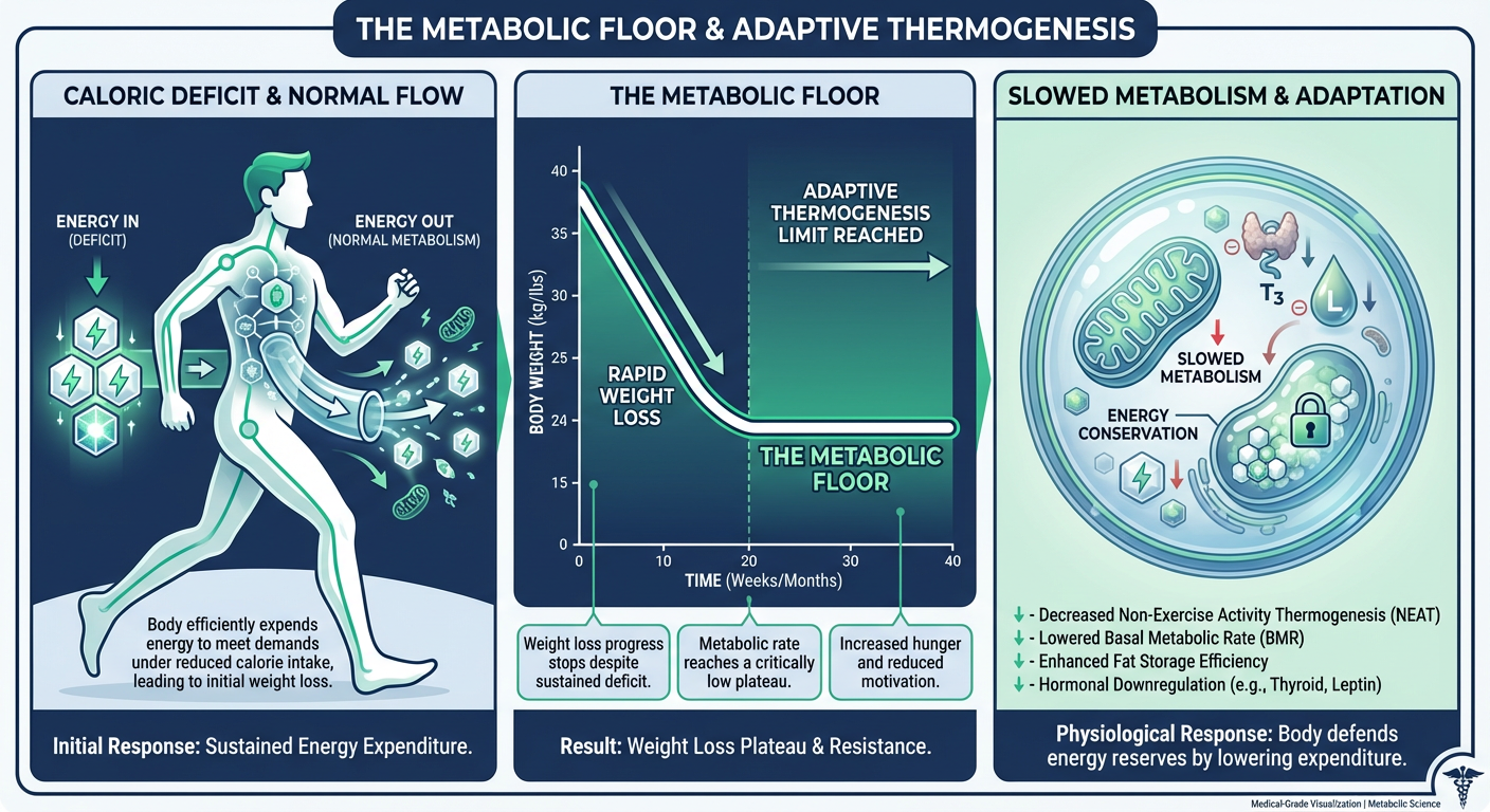 A professional infographic illustrating the concept of Adaptive Thermogenesis and the Metabolic Floor, showing a downward arrow plateaus against a red line.