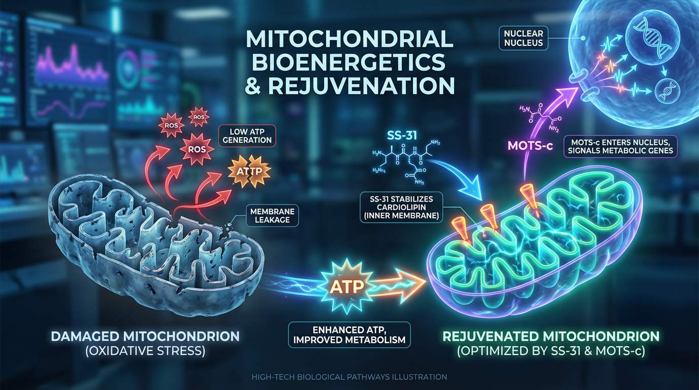 A detailed scientific diagram comparing a healthy mitochondrion versus a dysfunctional one, highlighting the roles of SS-31 and MOTS-c peptides.