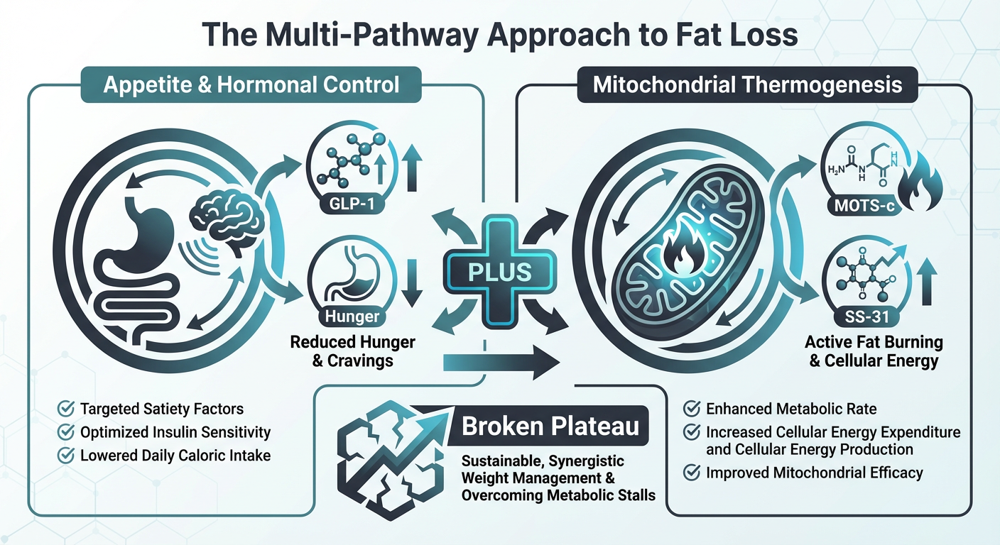A comparison chart showing the synergistic effects of GLP-1 agonists like Tirzepatide combined with Mitochondrial Peptides for fat loss.