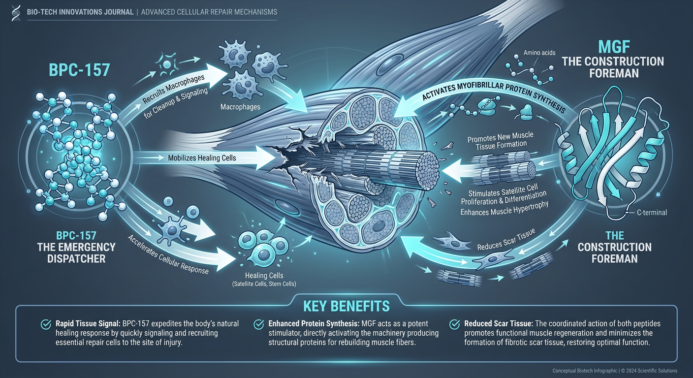 Scientific diagram illustrating the synergistic relationship between BPC-157 and MGF in cellular recruitment at a site of muscle injury.