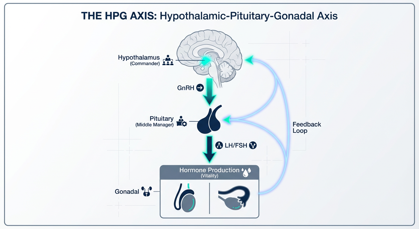 Scientific infographic illustrating the Hypothalamic-Pituitary-Gonadal (HPG) Axis hierarchy and its feedback loop.