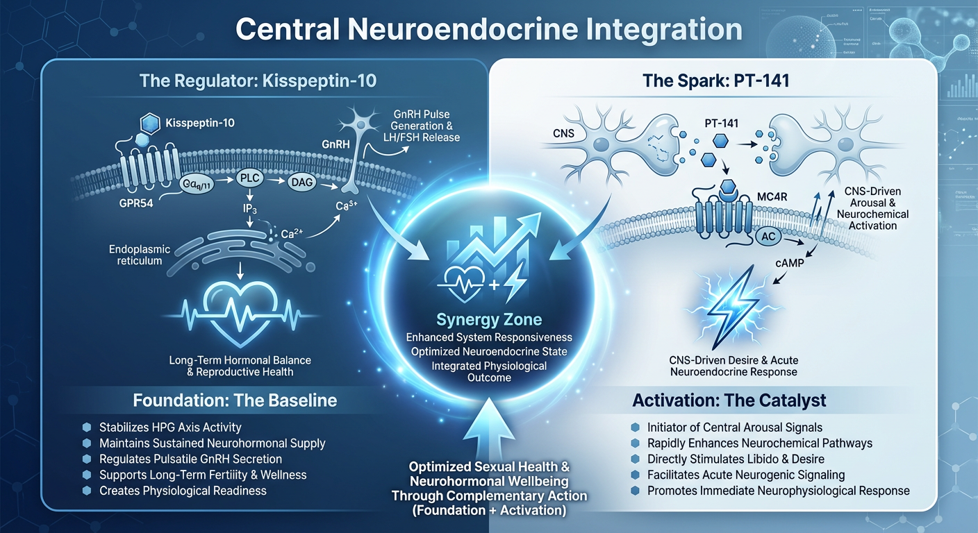 Comparative infographic showing the synergistic relationship between Kisspeptin-10 and PT-141 in the brain.