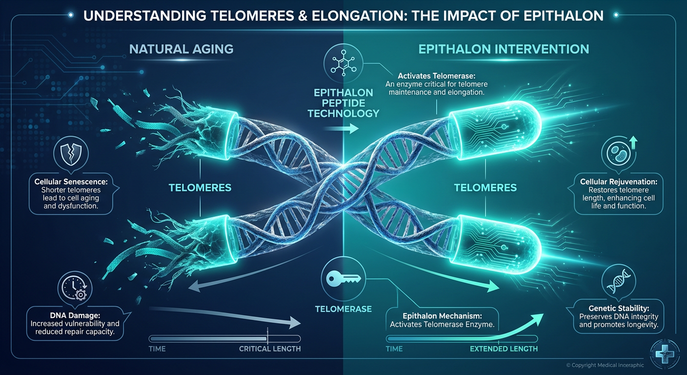 Infographic showing the structure of a chromosome with shoelace-like protective telomeres and the lengthening effect of Epithalon peptide.