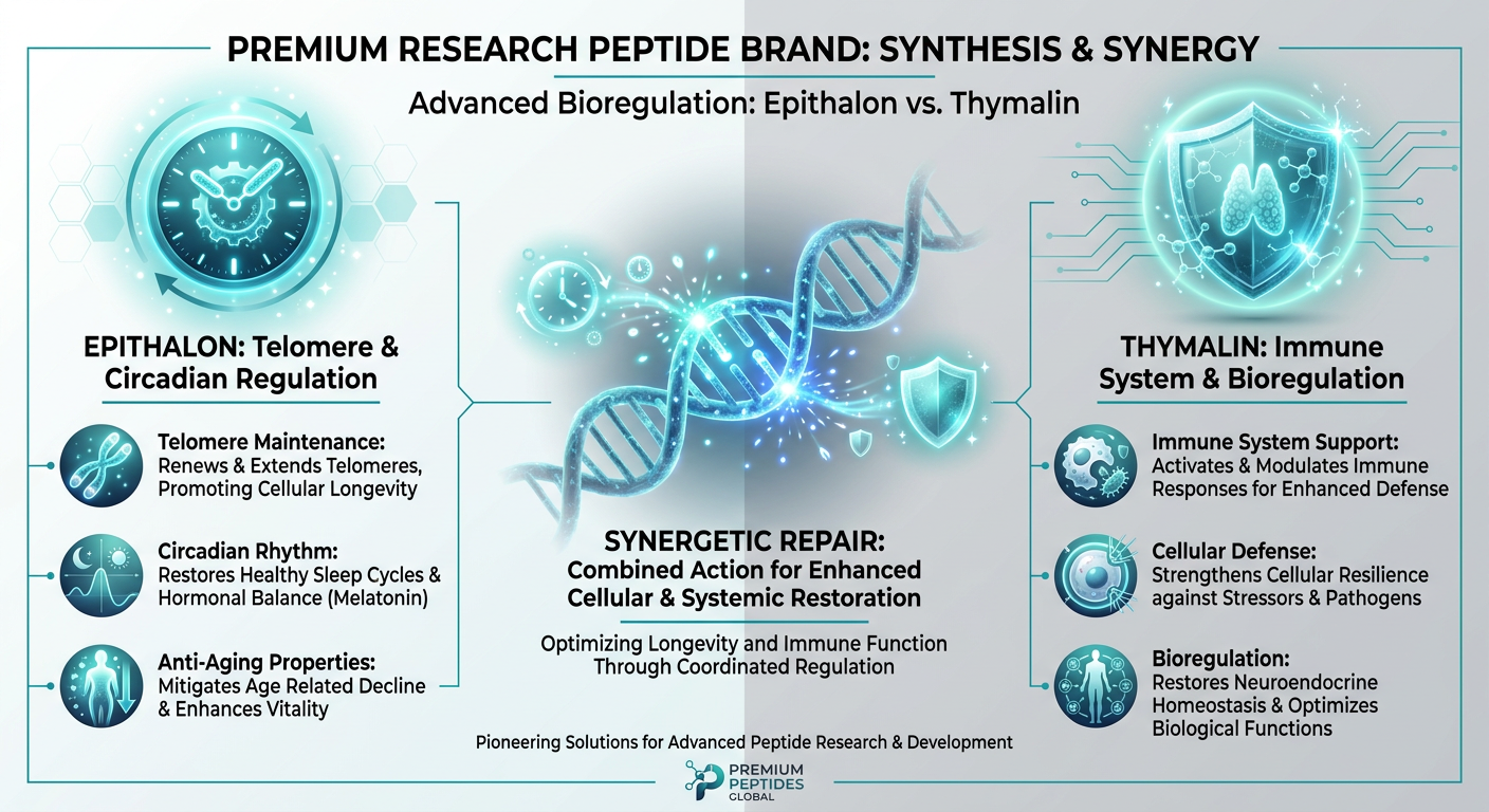 Comparison chart showing the synergistic benefits of Epithalon and Thymalin peptides for DNA repair and immune support.