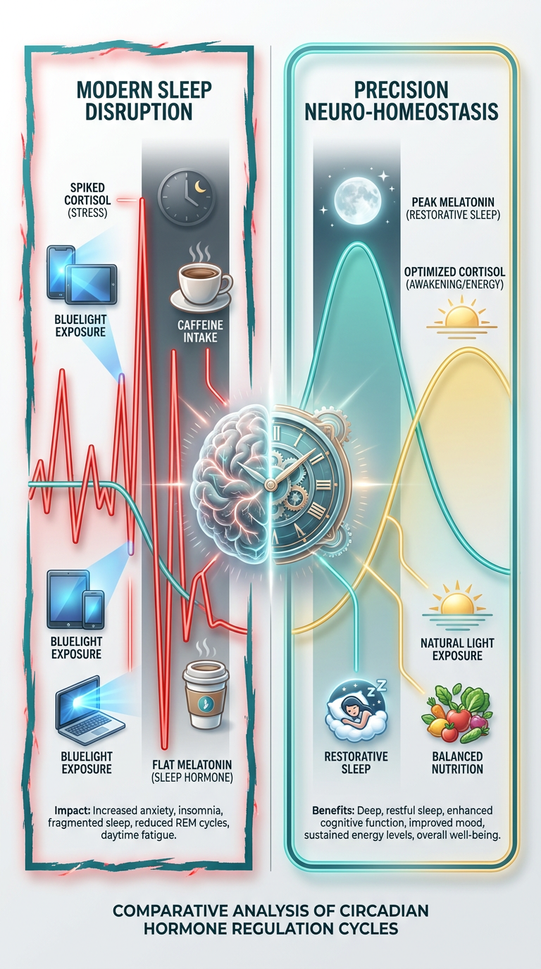 A medical infographic comparing the chaotic sleep-wake cycle of a 'Tired but Wired' person versus a 'Balanced Neuro-Homeostasis' state, using blue and teal waves to represent cortisol and melatonin.