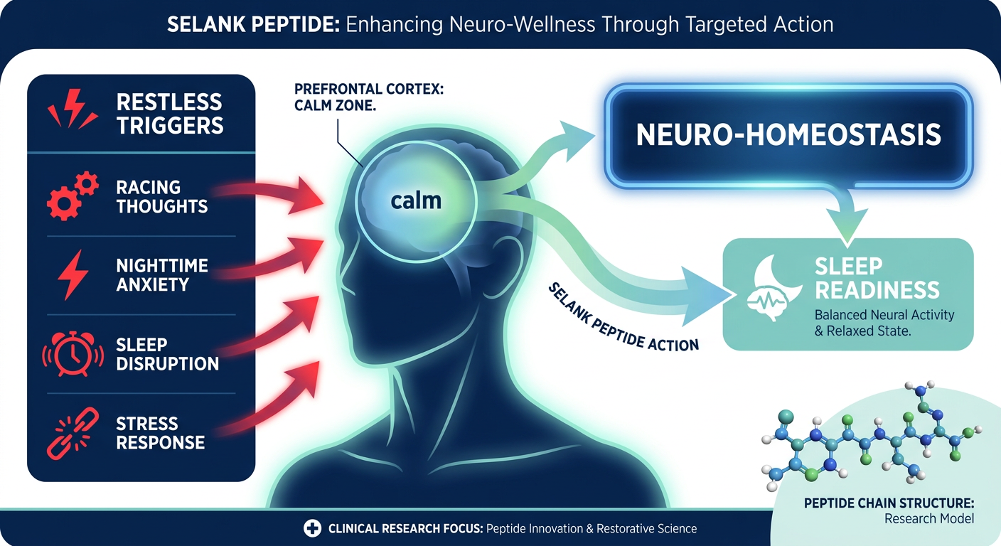 A scientific diagram focusing on Selank's role in neuro-balance, showing a brain icon and a scale balancing 'Racing Thoughts/Anxiety' against 'Calm/Mental Clarity'.