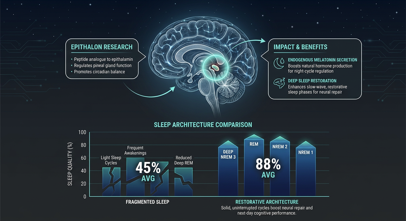 An anatomical infographic of the brain highlighting the Pineal Gland and the impact of Epithalon on deep sleep architecture and cellular repair.