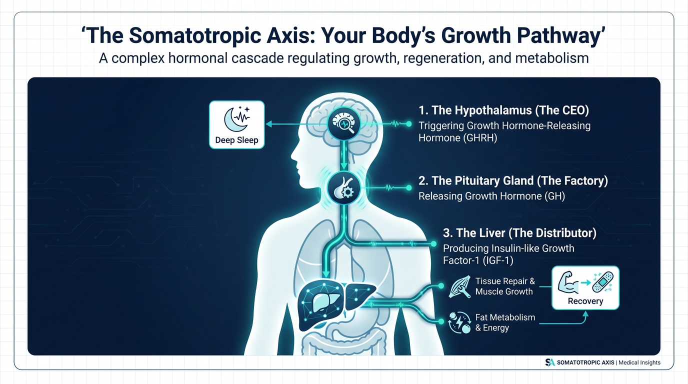 Infographic illustrating the Somatotropic Axis pathway including the Hypothalamus, Pituitary Gland, and Liver with peptide intervention points.
