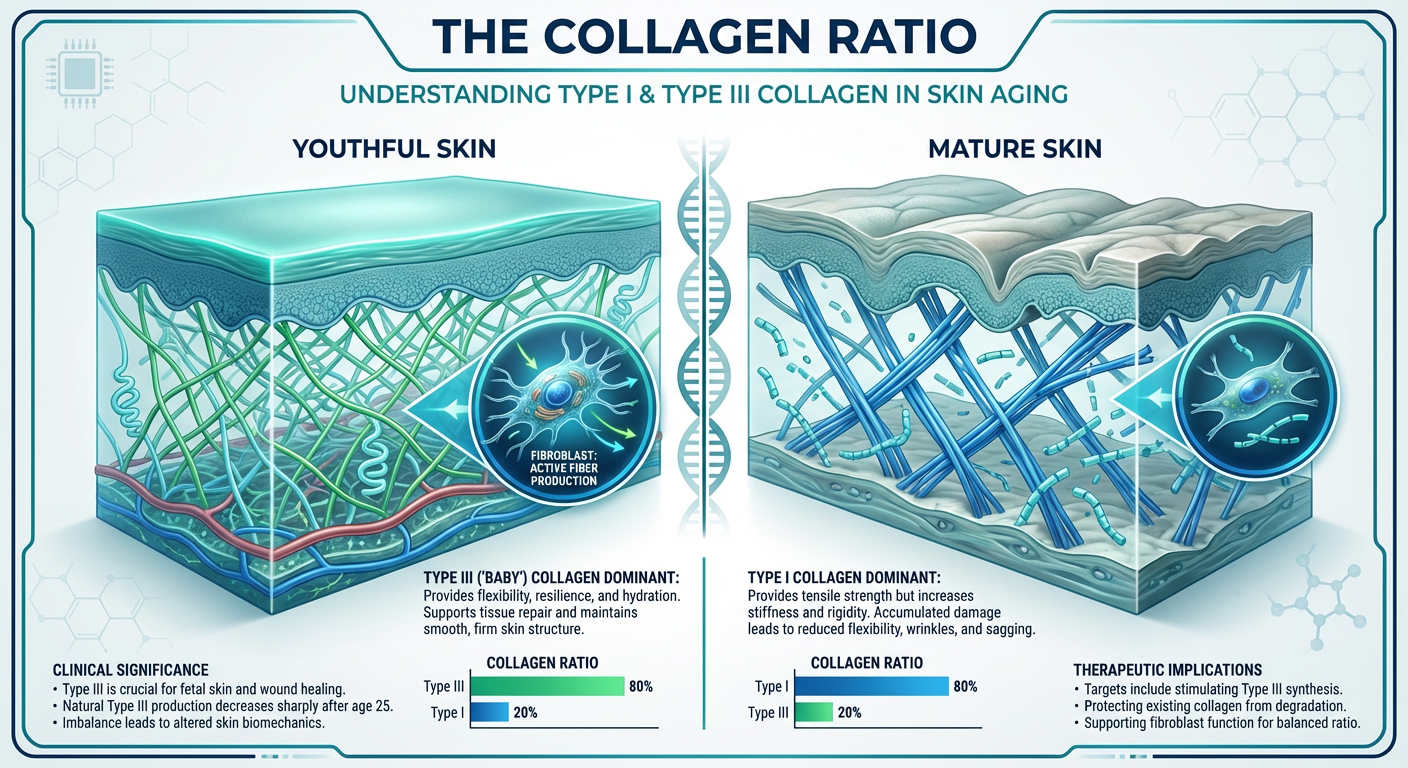 A scientific infographic comparing Type I and Type III collagen structures in the skin, highlighting the shift from 'youth collagen' to 'aged collagen' with a side-by-side dermal layer diagram.