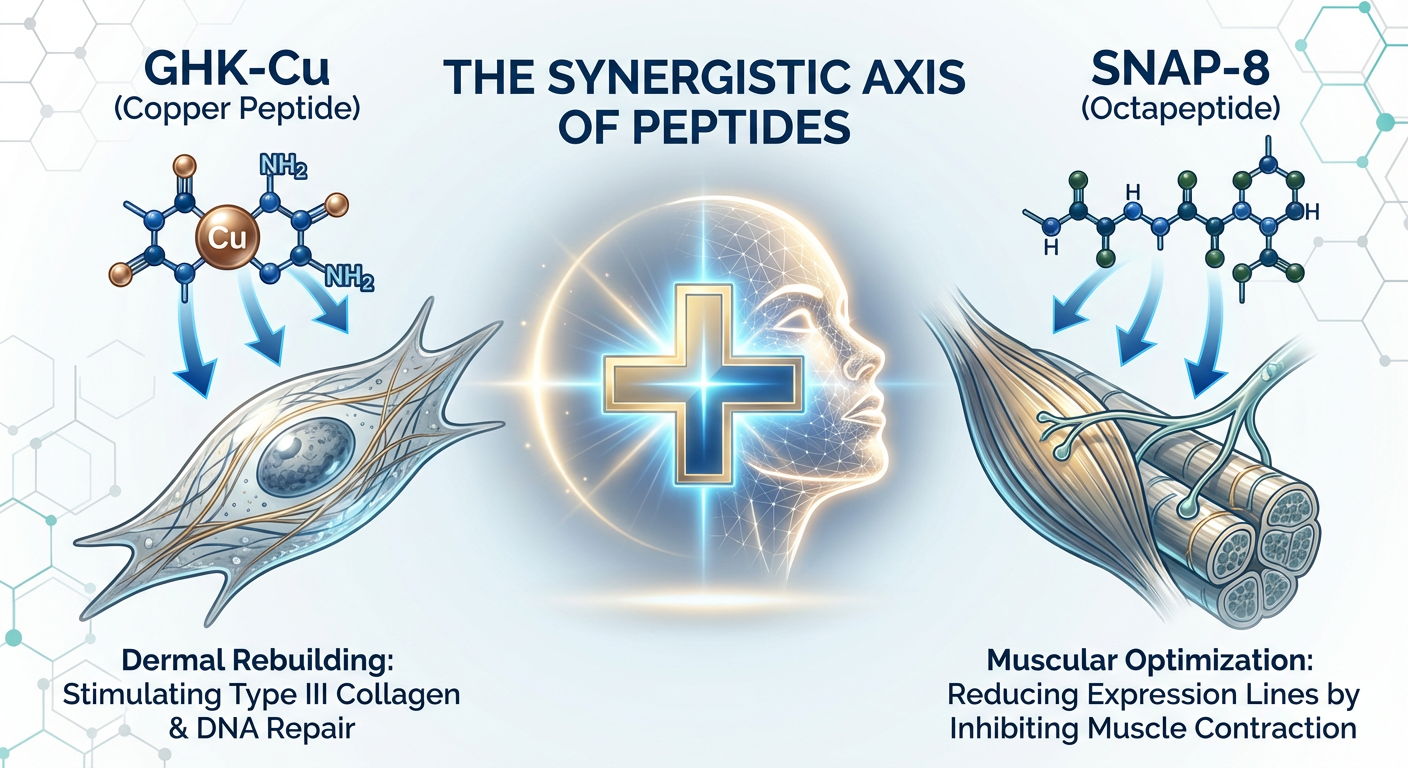An infographic titled 'The GHK-Cu and SNAP-8 Axis' illustrating the synergistic mechanisms of muscle relaxation and cellular regeneration for dermal phenotype reversal.