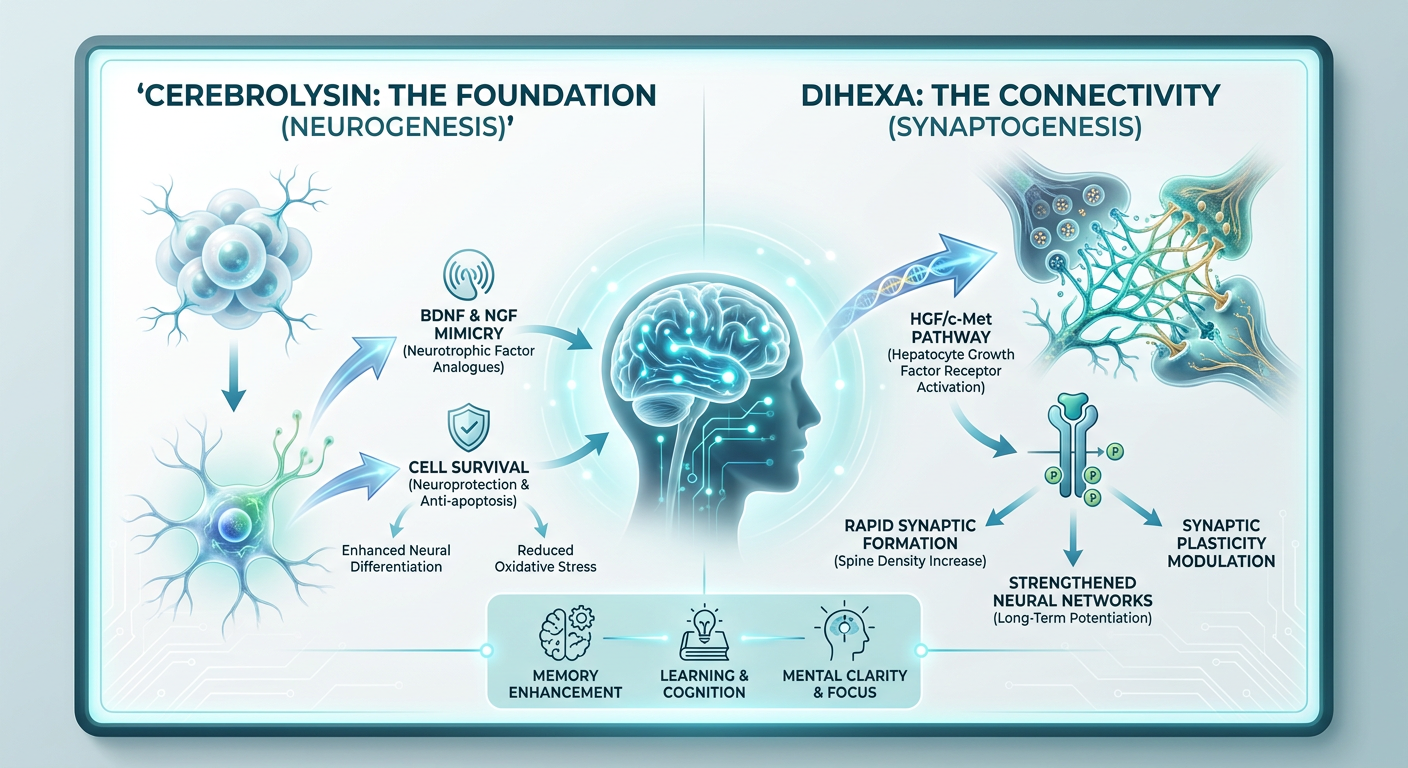 A professional medical infographic comparing the mechanism of action between Cerebrolysin and Dihexa, highlighting neurogenesis vs. synaptogenesis.