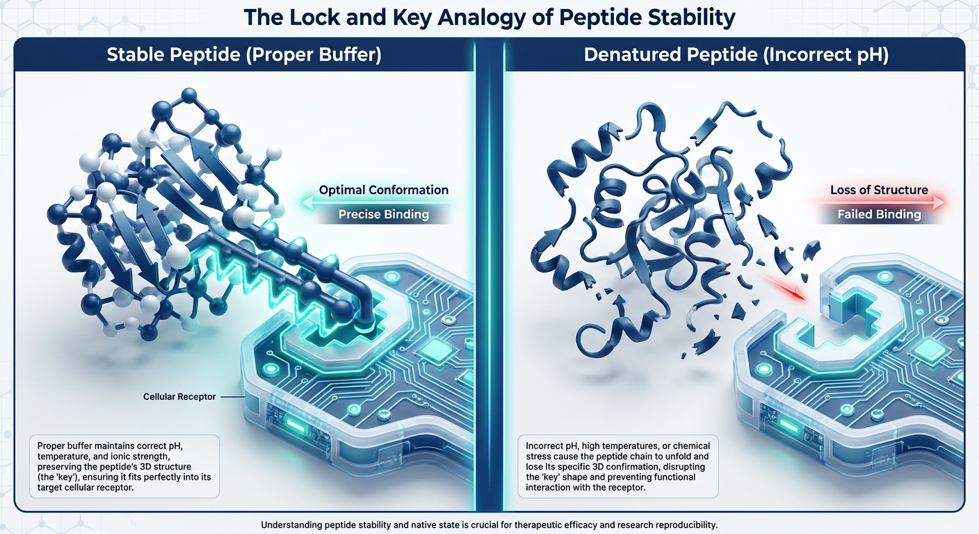 An educational infographic explaining the Lock and Key Analogy for peptide conformational stability, showing a peptide key and a cellular receptor lock.