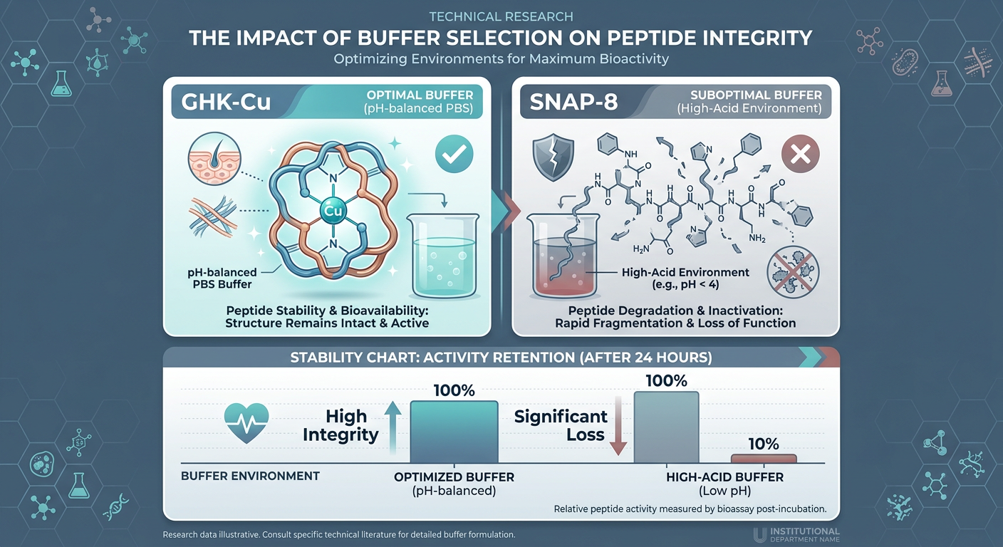 A comparison infographic showing how different buffer solutions affect the structural integrity of GHK-Cu and SNAP-8 peptides.