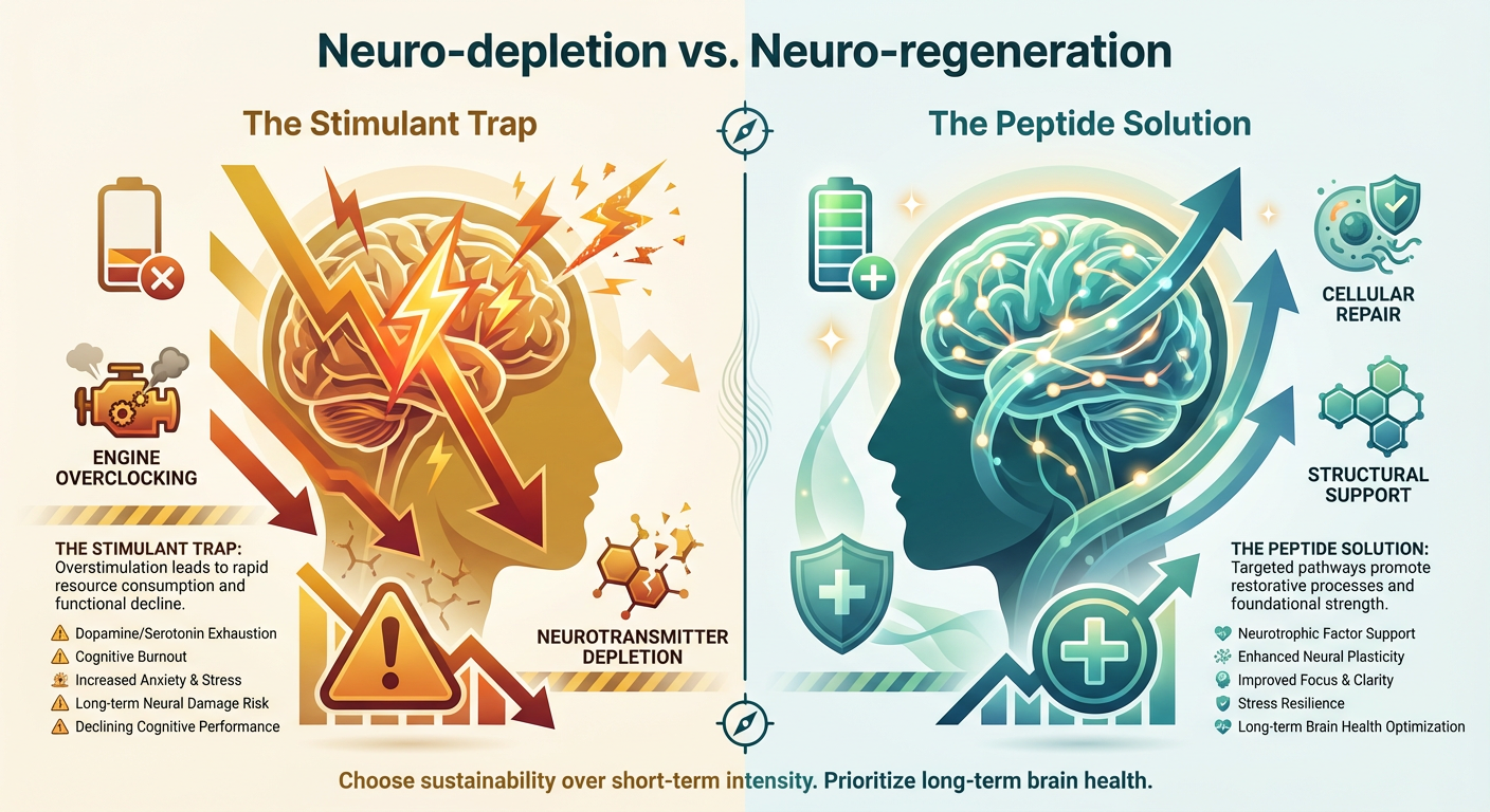 A comparison infographic showing how stimulants deplete neurotransmitters versus how peptides support brain structure.