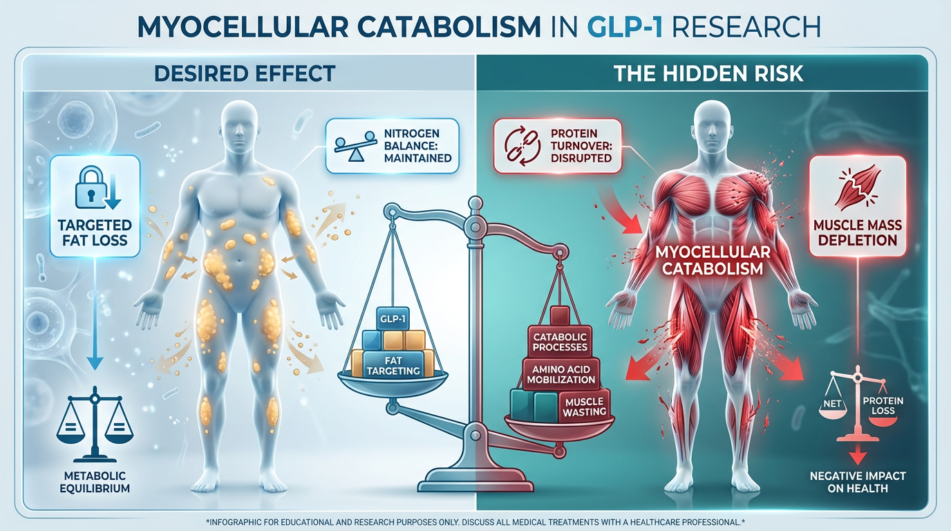 Infographic titled 'The Tug-of-War: Fat Loss vs. Muscle Preservation' comparing adipose tissue reduction and myocellular catabolism under GLP-1 research models.