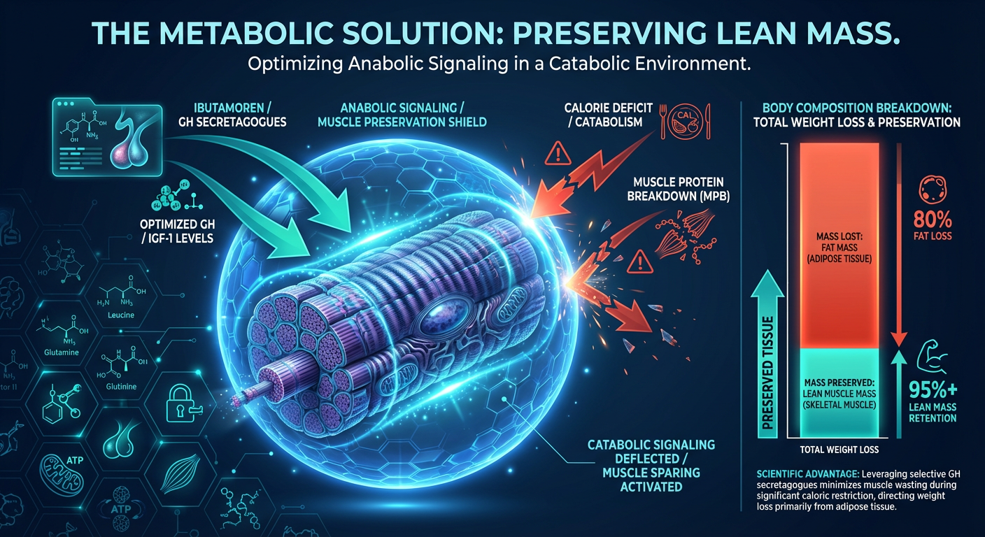 Infographic titled 'The Metabolic Solution' showing how Growth Hormone Secretagogues like Ibutamoren counteract muscle loss through nitrogen retention.