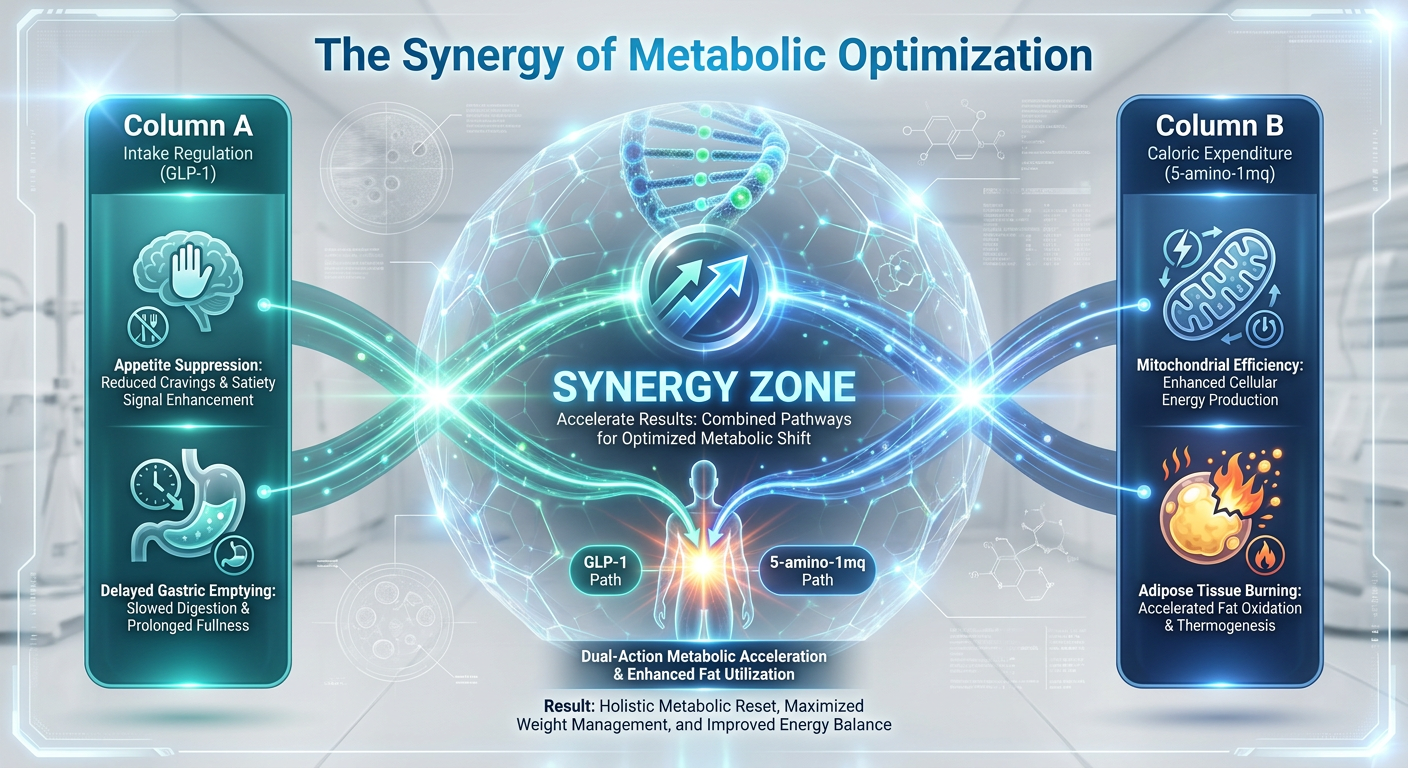 A technical comparison chart showing the metabolic synergy between GLP-1 agonists for calorie reduction and 5-amino-1mq for fat burning.