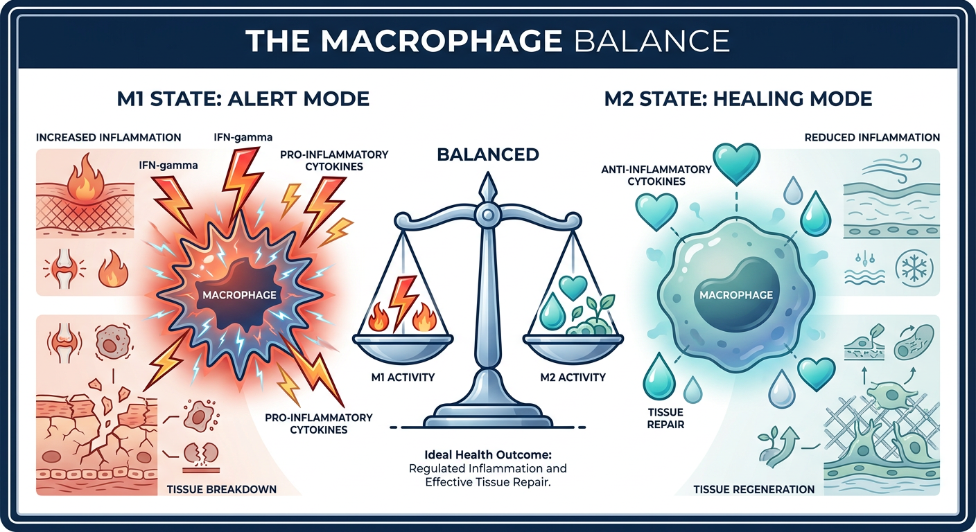 A scientific infographic comparing the M1 pro-inflammatory state and the M2 anti-inflammatory state of a macrophage, highlighting the role of IFN-gamma as an alarm signal.