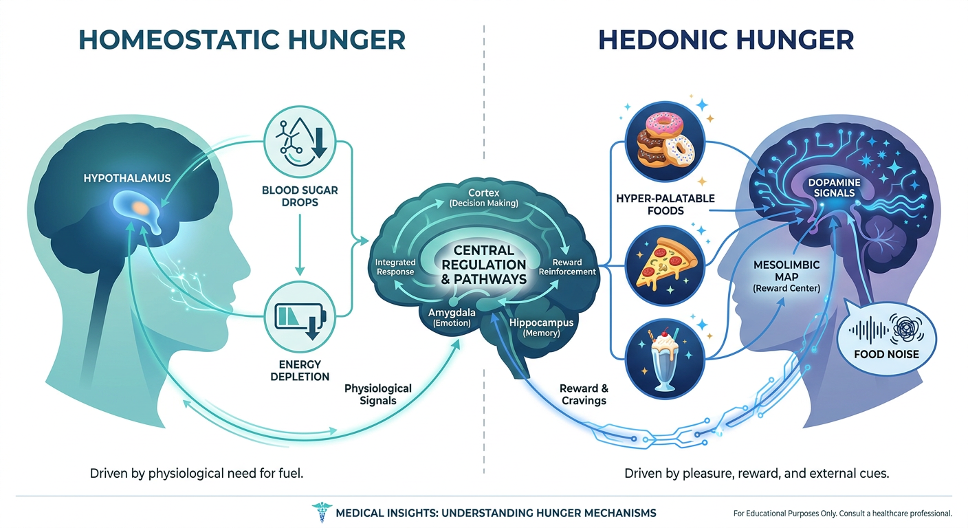 Infographic comparing homeostatic vs. hedonic hunger pathways in the brain. Left side shows biological survival signals; right side shows the reward-based 'food noise' cycle. Blue and teal color palette.