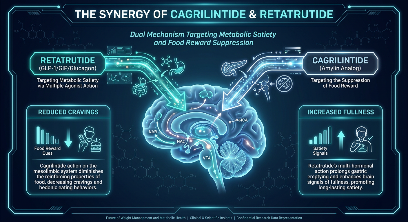 Scientific infographic showing the synergistic effects of Cagrilintide and Retatrutide on the brain's reward centers. Diagrams show how the combination targets satiety and suppresses emotional eating pathways.
