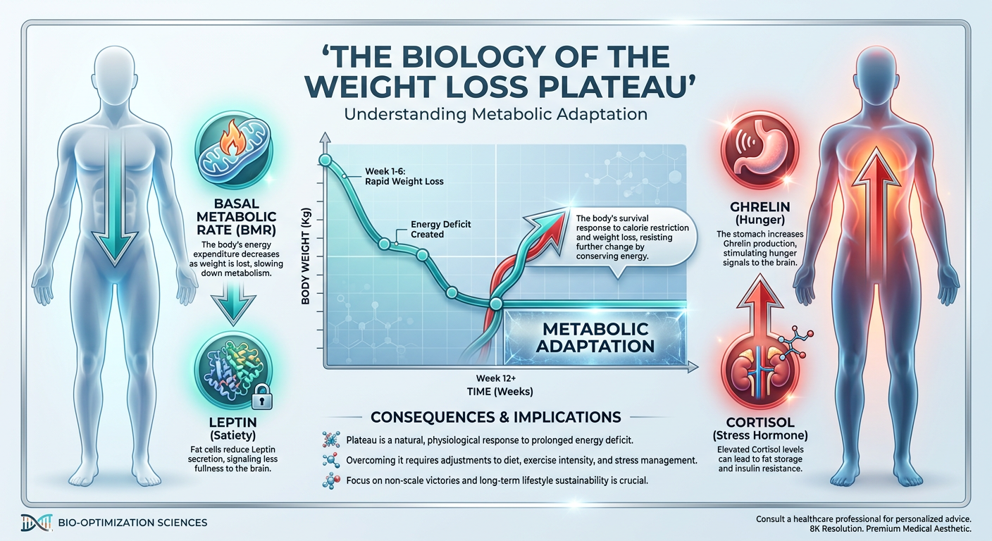 A professional medical infographic comparing a standard weight loss trajectory versus metabolic adaptation. It shows a falling graph for BMR and leptin with a rising graph for ghrelin and hunger signals.