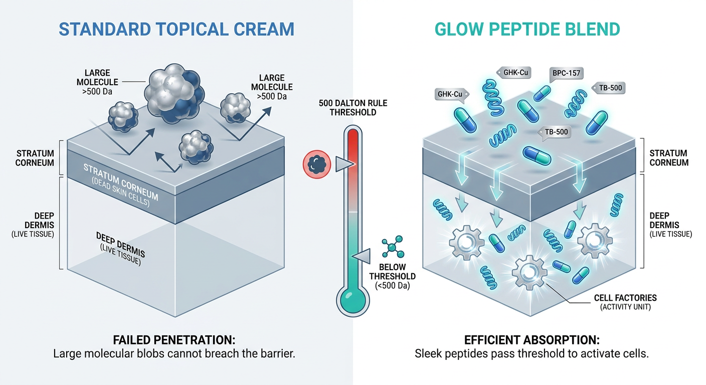 A scientific infographic comparing standard topical creams vs. the GLOW peptide blend, illustrating the 500 Dalton Rule with a cross-section of human skin.