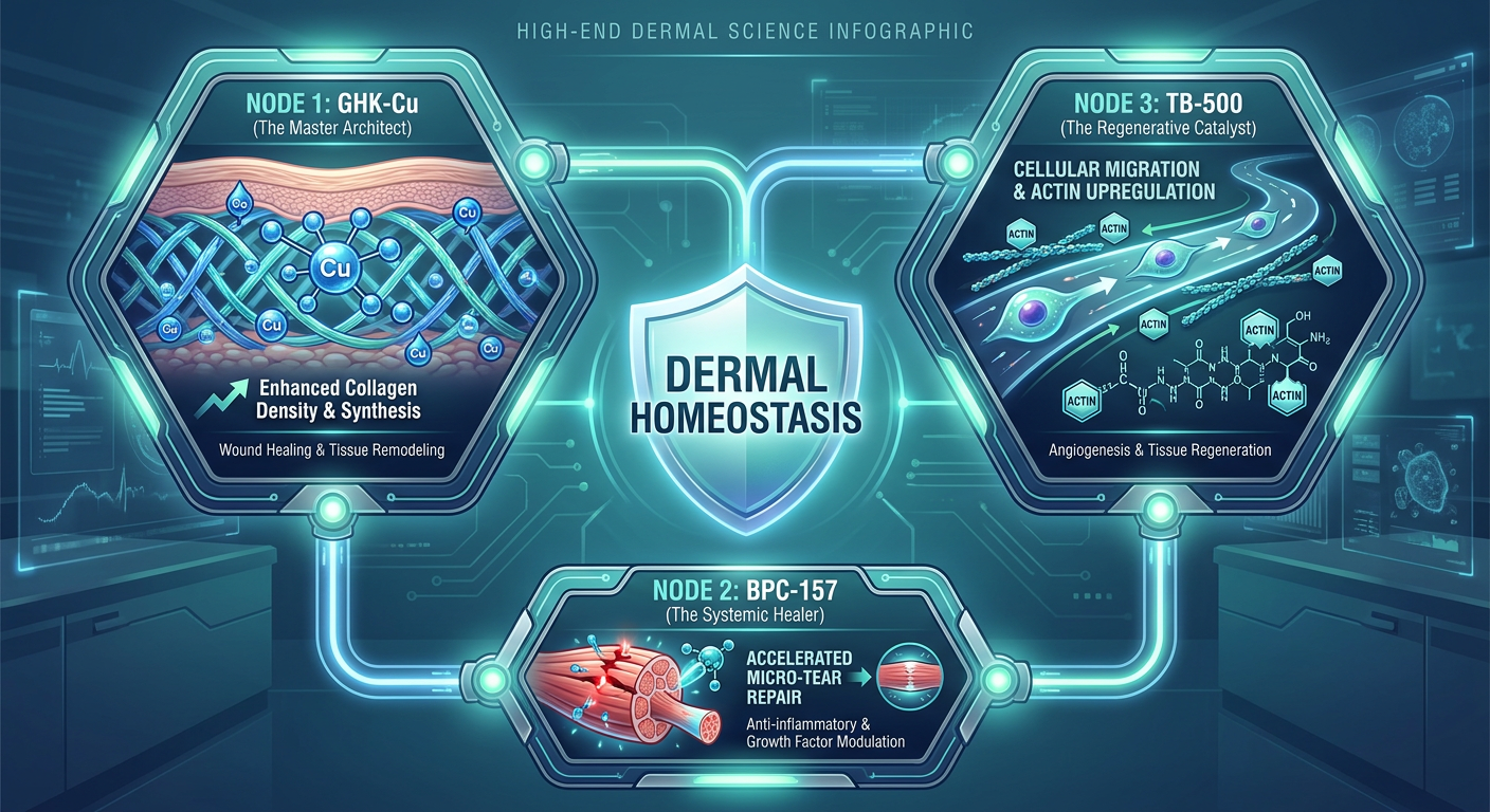 An infographic showing the synergistic effects of BPC-157, TB-500, and GHK-Cu on dermal homeostasis and tissue repair.
