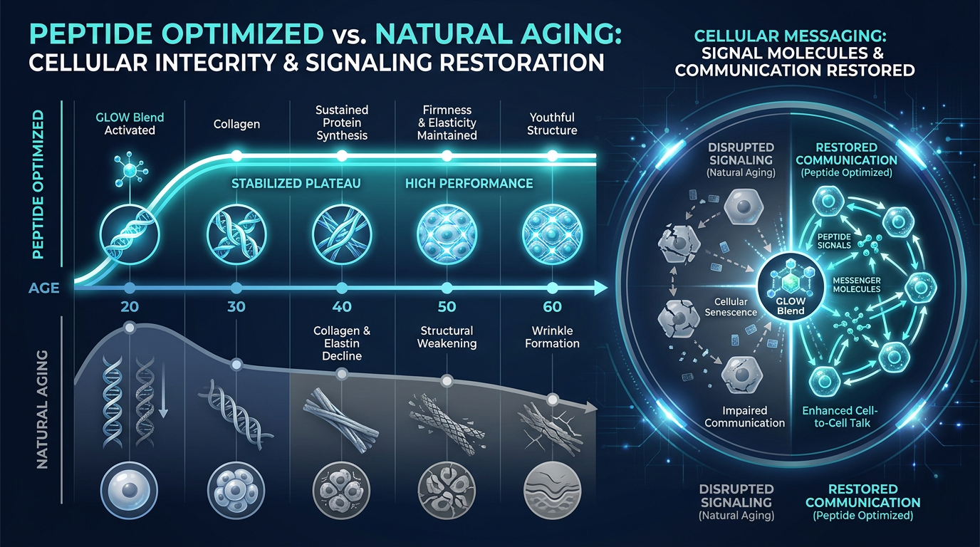 A timeline infographic showing the decline of structural proteins from age 20 to 60 and the restorative impact of peptide signaling.