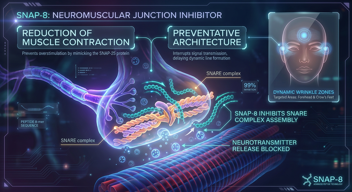A scientific visualization of SNAP-8 peptide blocking muscle contraction signals to prevent dynamic wrinkles.