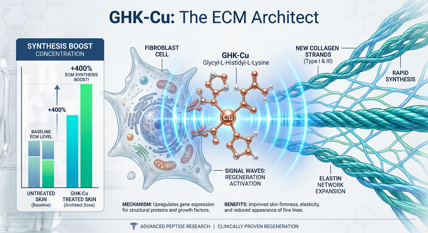 A molecular infographic showing GHK-Cu copper peptides stimulating collagen and elastin synthesis within the dermal layer.
