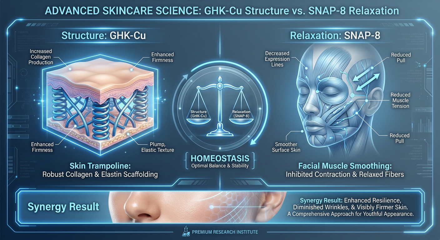 A comparison infographic showing the synergistic effects of GHK-Cu and SNAP-8 on dermal tension, highlighting collagen building and muscle relaxation.