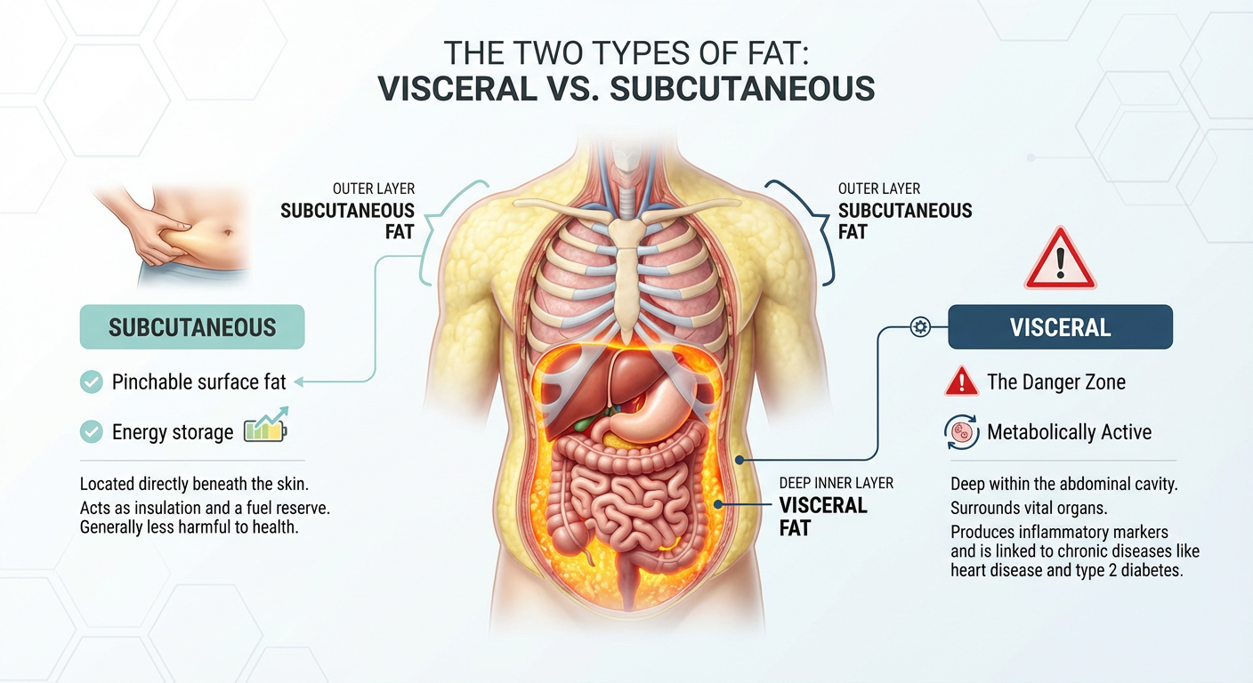 A medical infographic comparing subcutaneous and visceral fat. Subcutaneous fat is shown just under the skin, while visceral fat is shown deep within the abdomen surrounding the organs. The layout highlights the health implications and location differences.