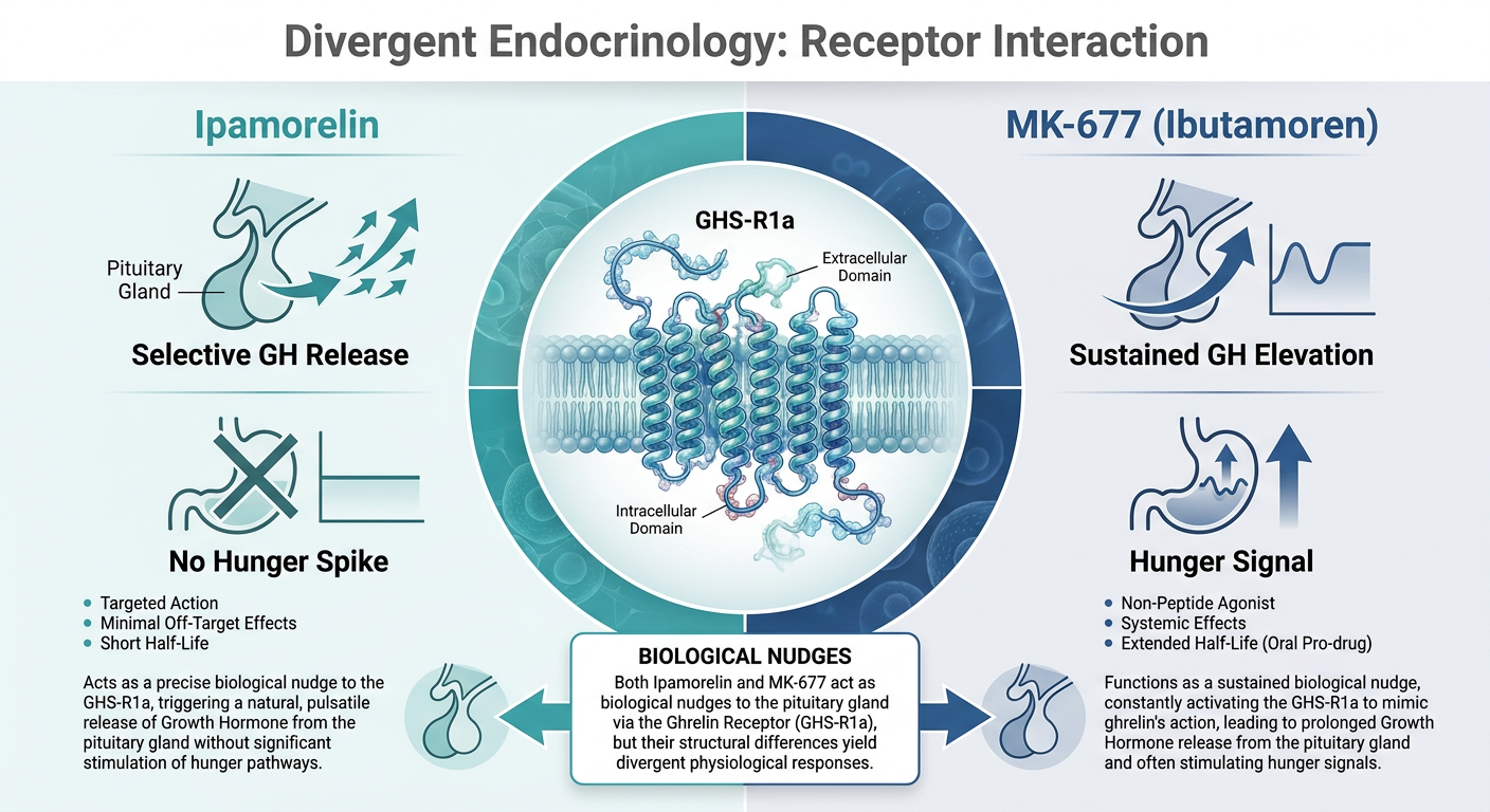 A clean clinical infographic comparing the molecular action of Ipamorelin and <a href=