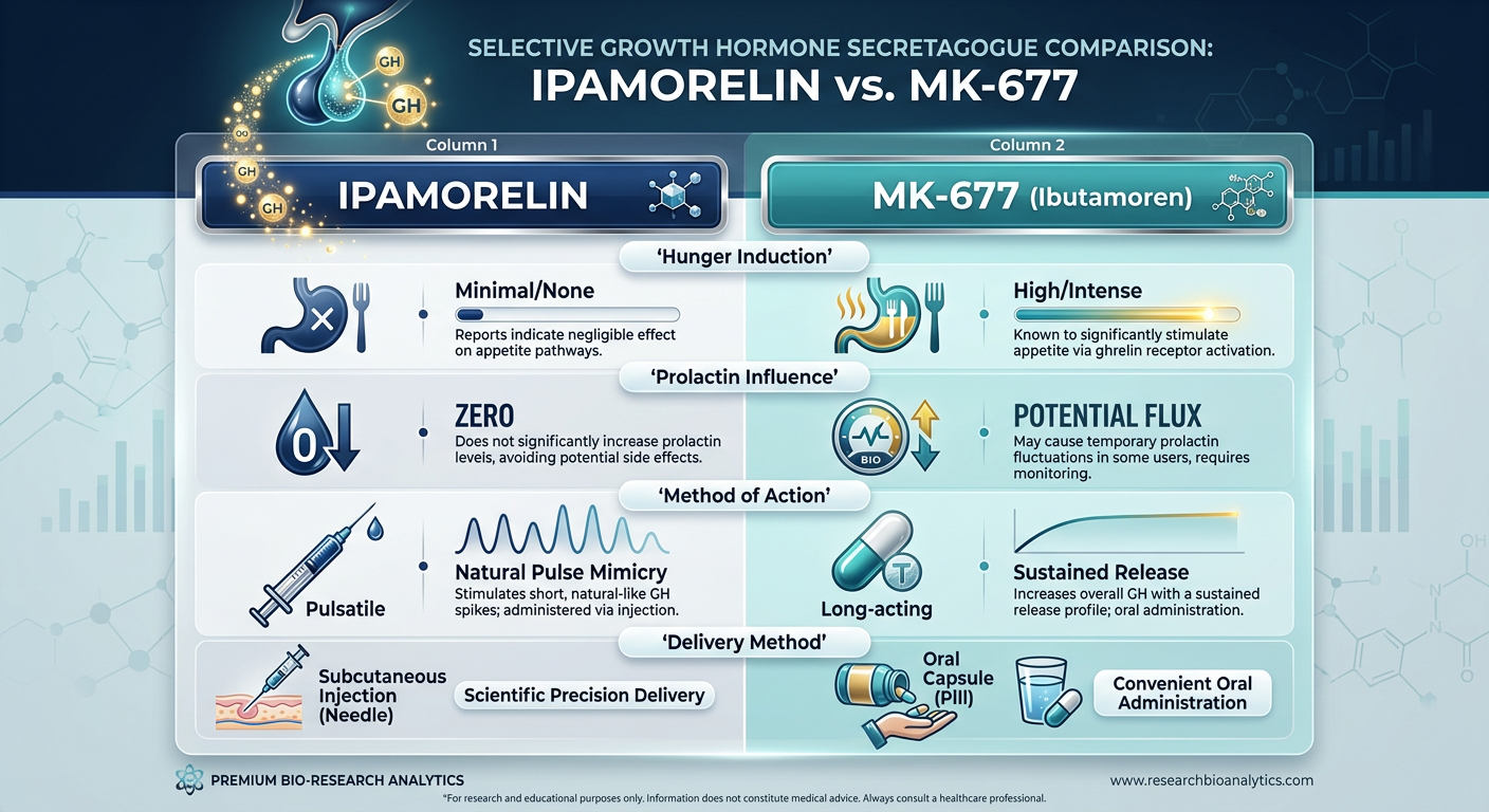 A comparative chart showing the impact of Ipamorelin vs MK-677 on hunger levels, prolactin flux, and GH pulse frequency. Features a checkmark and cross UI design.