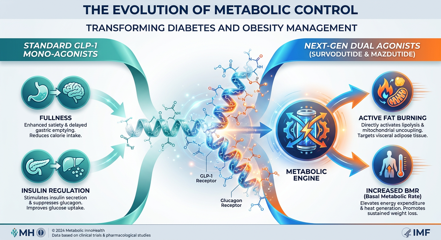 A professional medical infographic comparing GLP-1 mono-agonists to Glucagon dual-agonists, showing metabolic pathways in the human body.