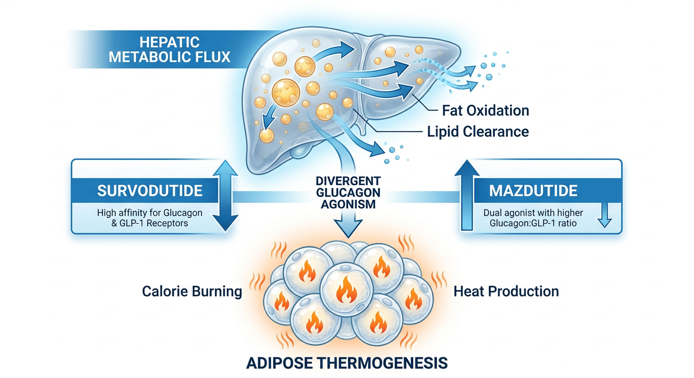 A scientific diagram illustrating Hepatic Metabolic Flux and Adipose Thermogenesis triggered by Survodutide and Mazdutide.