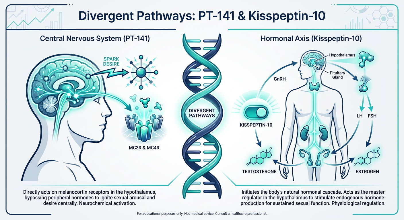 An infographic comparing the central nervous system action of PT-141 versus the endocrine system action of Kisspeptin-10.