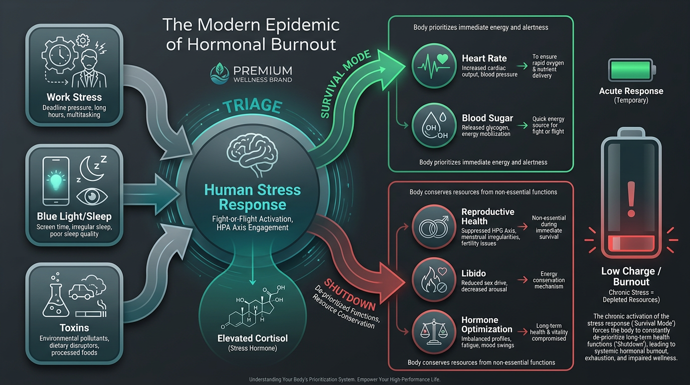 An infographic showing how modern stressors like cortisol and poor sleep lead to a biological triage that shuts down reproductive health.