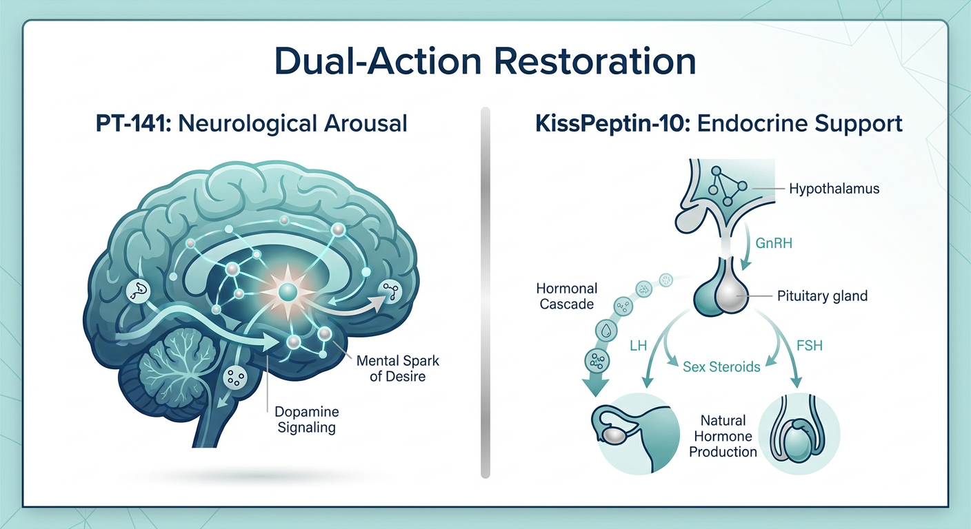 A professional medical infographic illustrating the dual action of PT-141 on brain dopamine receptors and KissPeptin-10 on the HPG axis for reproductive health.