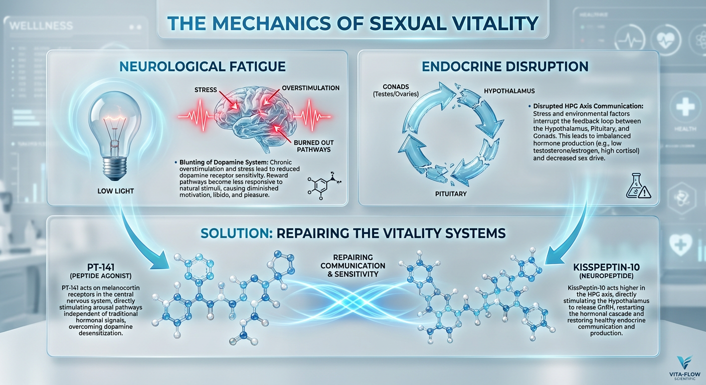 A scientific diagram showing the two main causes of libido decline: Neurological Fatigue and Endocrine Disruption, and how they interact.