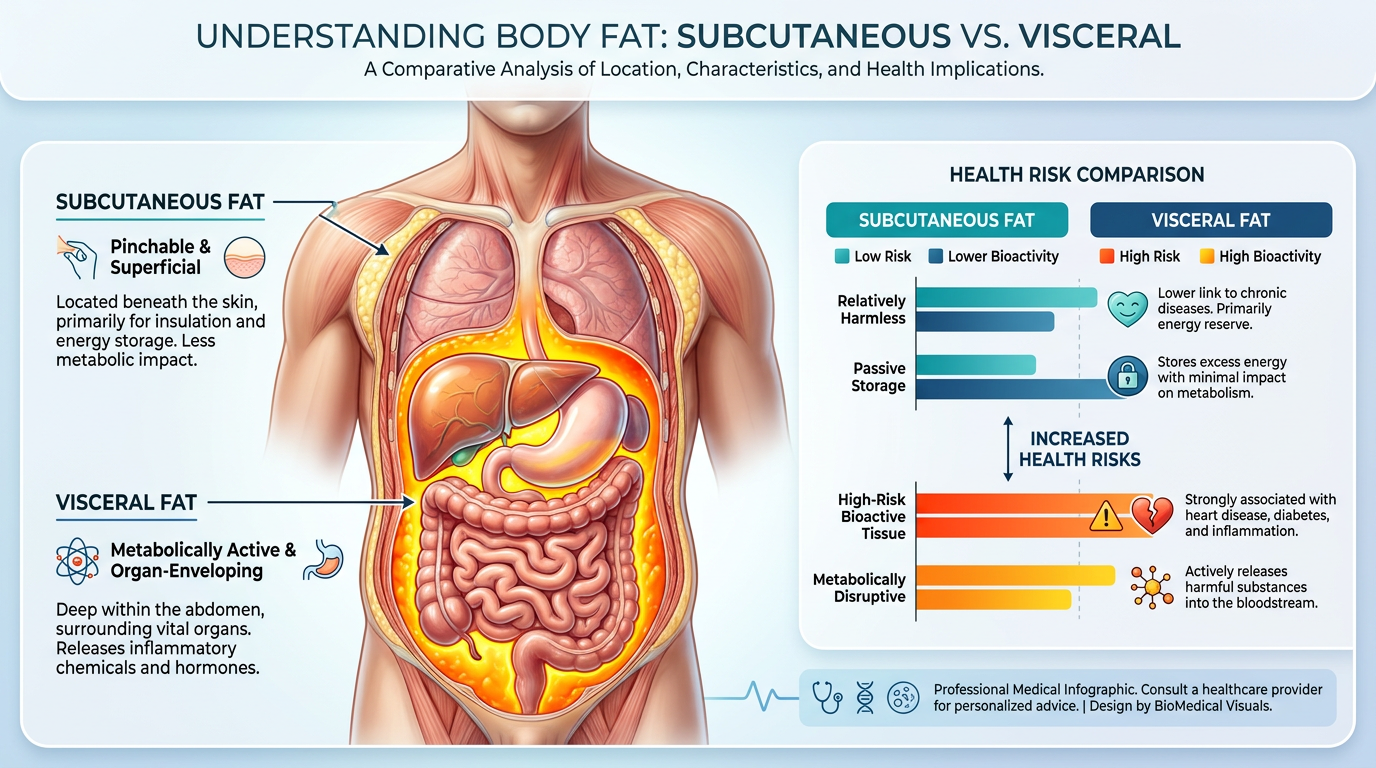 A high-quality medical infographic comparing subcutaneous and visceral fat. Subcutaneous fat is shown just under the skin surface, while visceral fat is shown deep within the abdominal cavity wrapping around organs like the liver and intestines. Labeling highlights the health risks of visceral fat.
