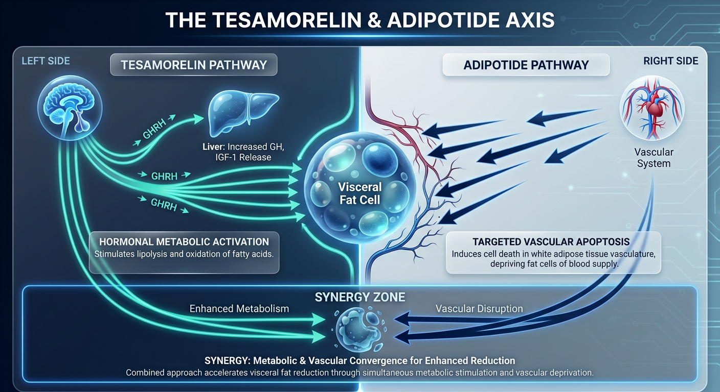 A scientific diagram titled 'The Tesamorelin & Adipotide Axis' illustrating two distinct cellular pathways. One side shows hormonal signaling (Tesamorelin) and the other shows targeted vascular apoptosis (Adipotide) both converging on fat reduction.