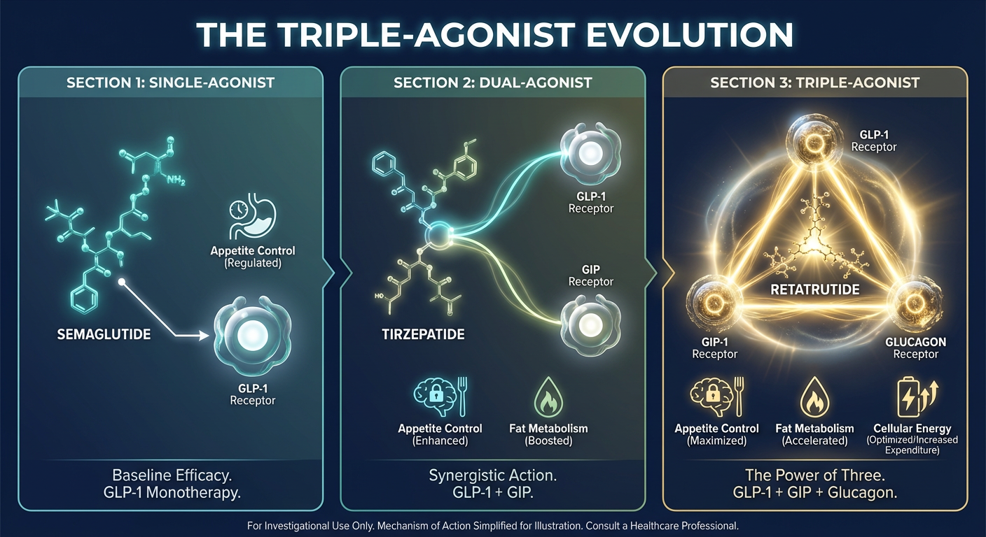 A professional infographic titled The Triple-Agonist Revolution comparing the mechanisms of <a href=