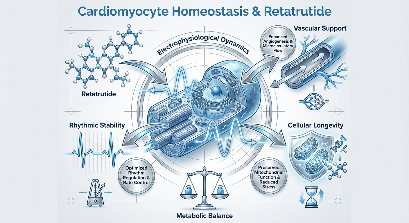 A scientific diagram illustrating Retatrutide's impact on cardiomyocyte (heart cell) homeostasis and electrophysiological health.