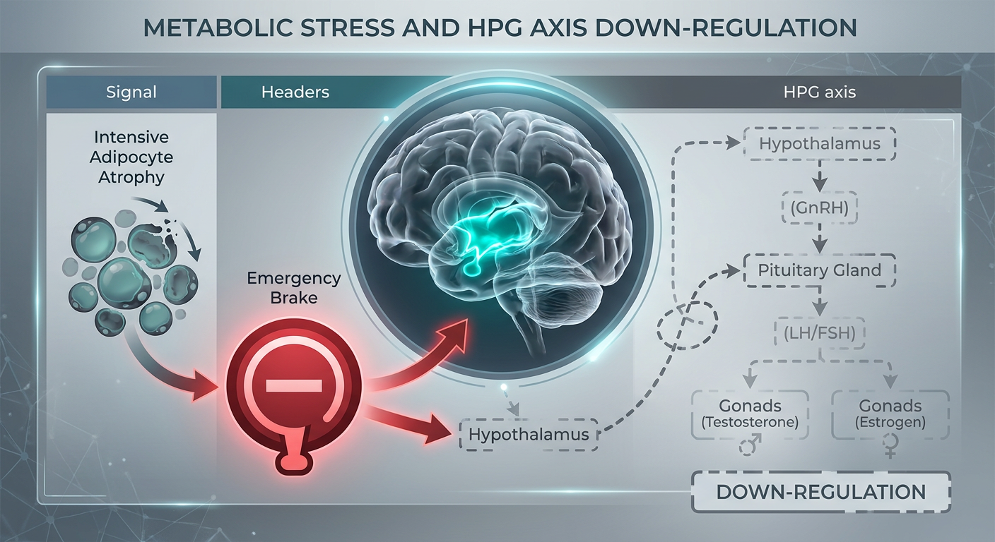 A detailed medical infographic showing how intensive fat loss triggers a survival response in the brain, leading to a shut down of the HPG axis and a drop in testosterone/estrogen levels.