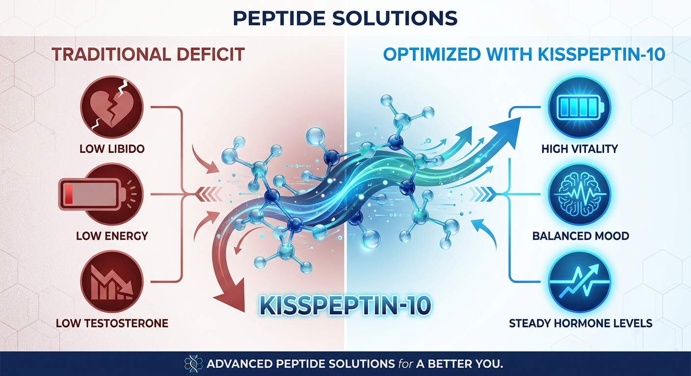 A side-by-side comparison infographic showing a 'Hormonal Crash' state vs. an 'Endocrine Resilience' state powered by Kisspeptin-10, featuring icons for energy, mood, and hormone levels.