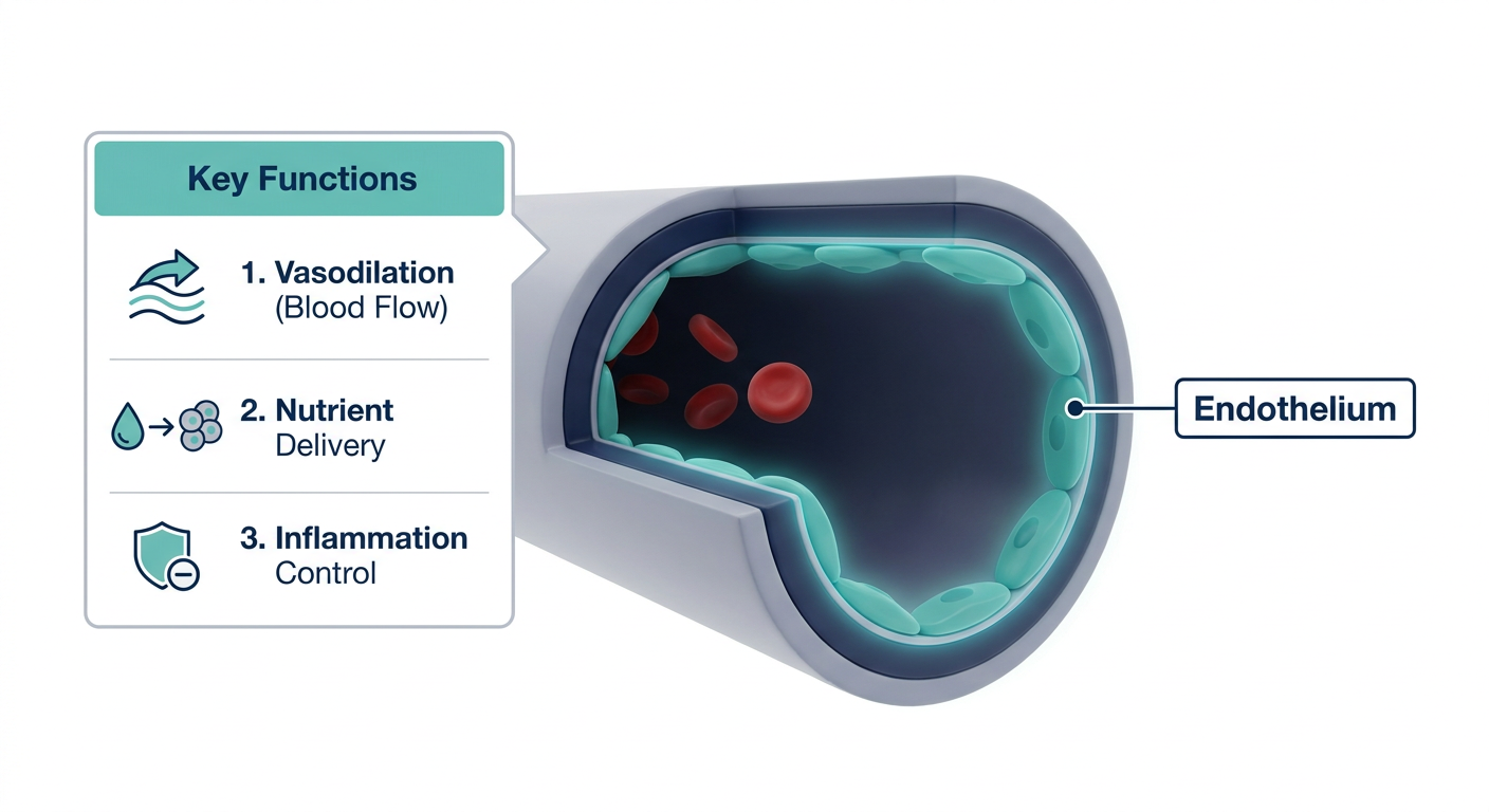 A professional scientific infographic showing the protective lining of blood vessels (endothelium) vs. a damaged one. The healthy side is smooth and vibrant blue, while the damaged side shows 'wear and tear'. Labels highlight its functions like blood pressure regulation and nutrient delivery.
