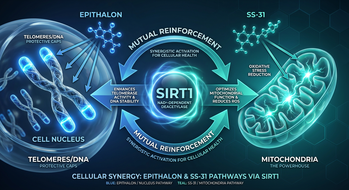 A diagram illustrating the synergy between Epithalon and SS-31 peptides within a cell. Epithalon is linked to DNA/Telomeres in the nucleus, while SS-31 is linked to the mitochondria. They meet at the SIRT1-PGC-1alpha axis center point.