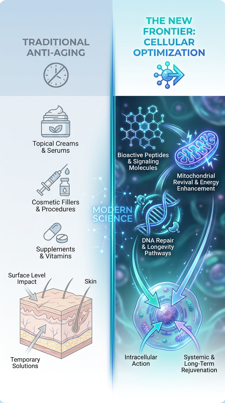 A comparison chart showing 'Traditional Anti-Aging' (surface level) vs 'Cellular Optimization' (deep level). Icons for lotions and hair dye are contrasted with icons for DNA repair and mitochondrial energy.