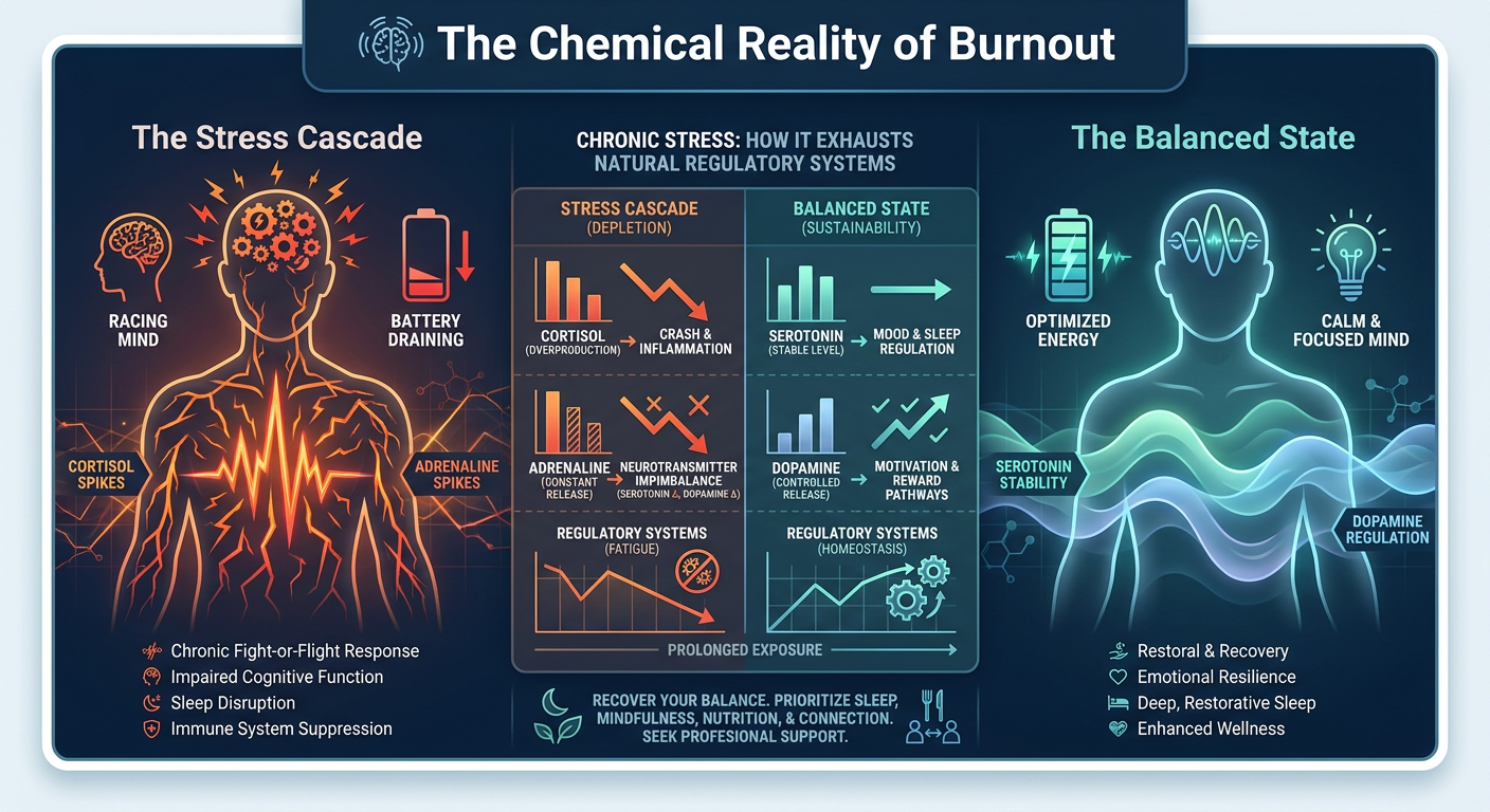 Infographic showing the biochemical cascade of chronic stress featuring cortisol spikes and neurotransmitter depletion versus a balanced state.